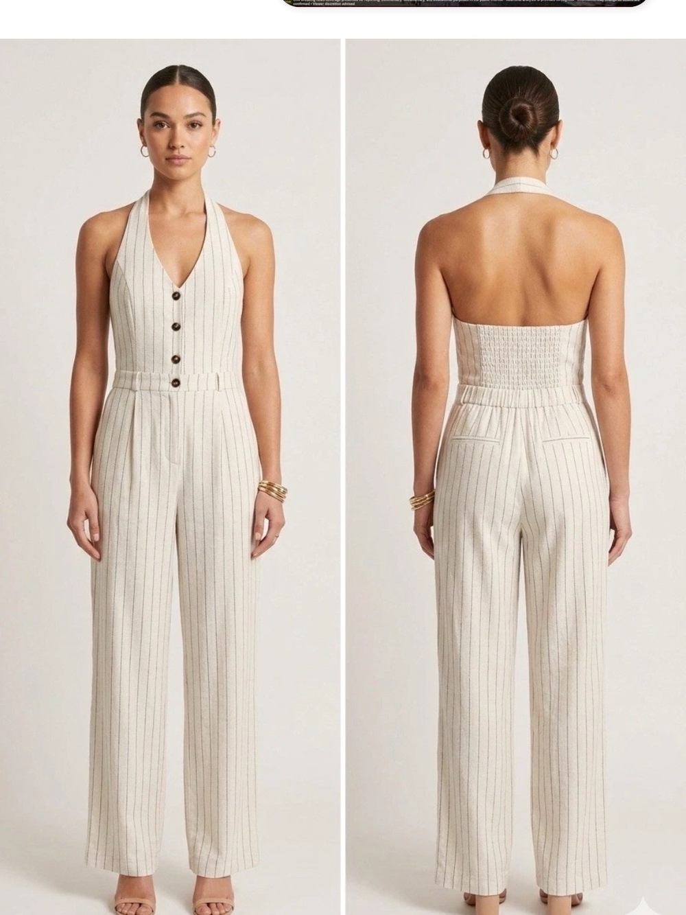 Sleeveless Linen Blend Halter-Back Pinstripe Jumpsuit in Ivory